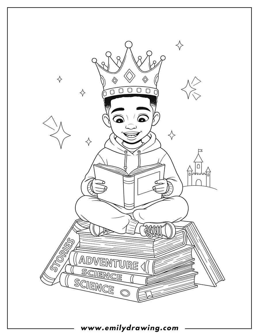 High quality printable black Boy wearing a crown and hoodie, sitting cross-legged on a stack of books, reading for coloring