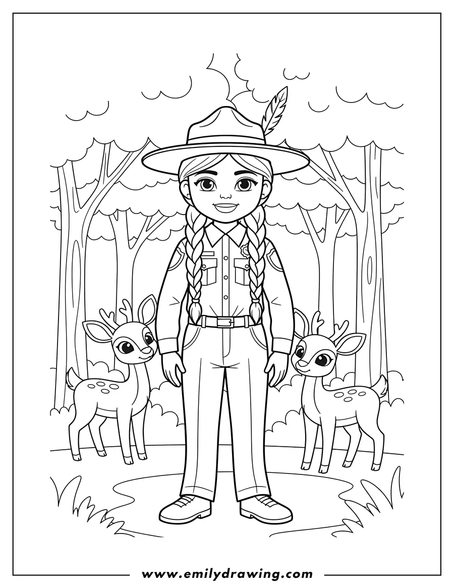 Coloring page of brave Native American Female Park Ranger with Braids, Smiling, Standing in a Forest with Deer