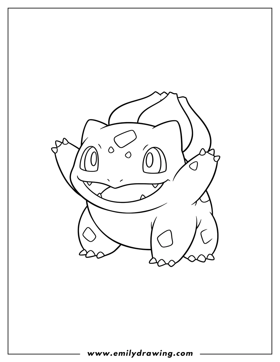 Printable coloring page of easy Bulbasaur Outline Preschoolers, smiling with raised front paws