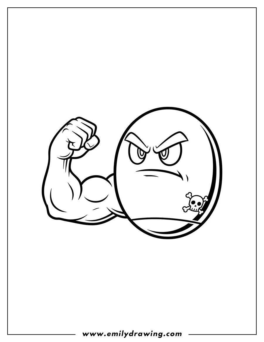 Printable coloring page of bullet Bill From Mario Kart, angry and flexing bicep