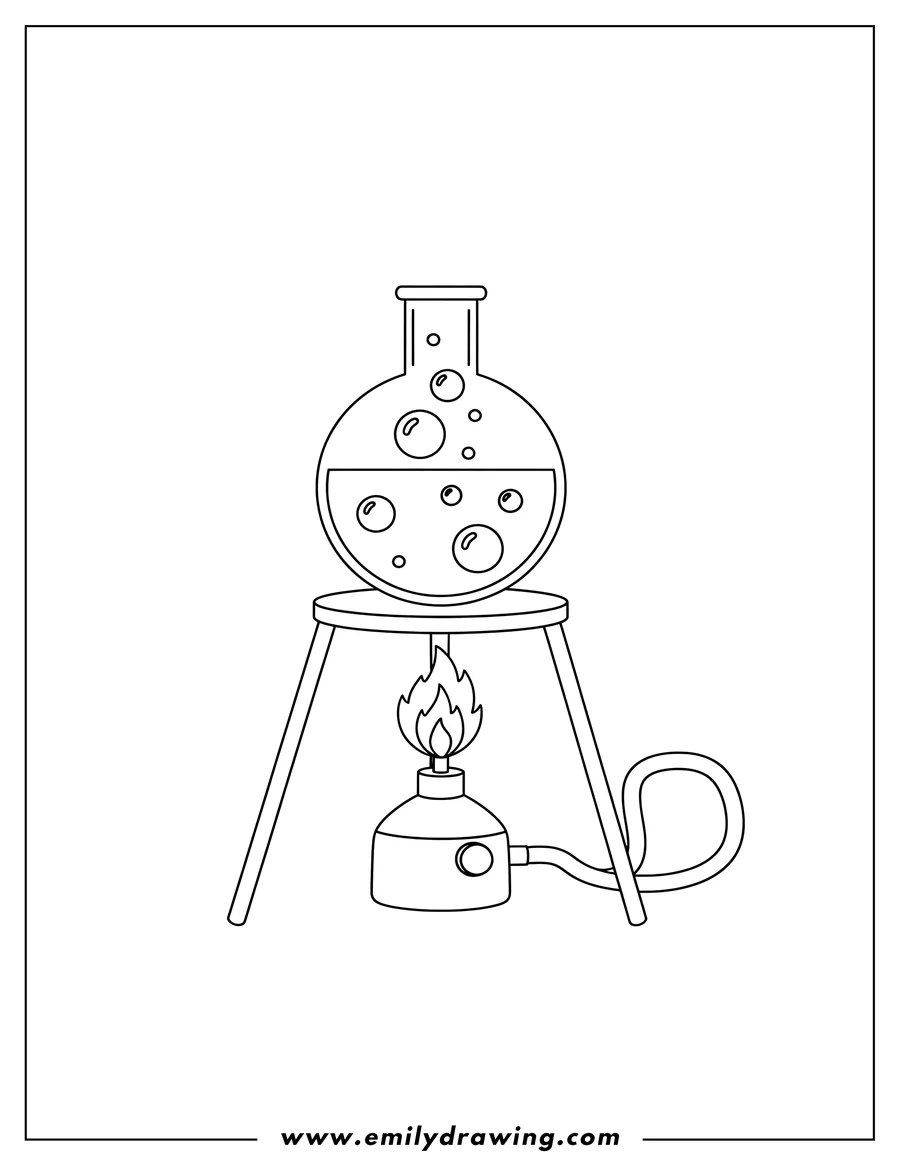 Clean line drawing: bunsen burner heating a bubbling round-bottom flask on a tripod stand