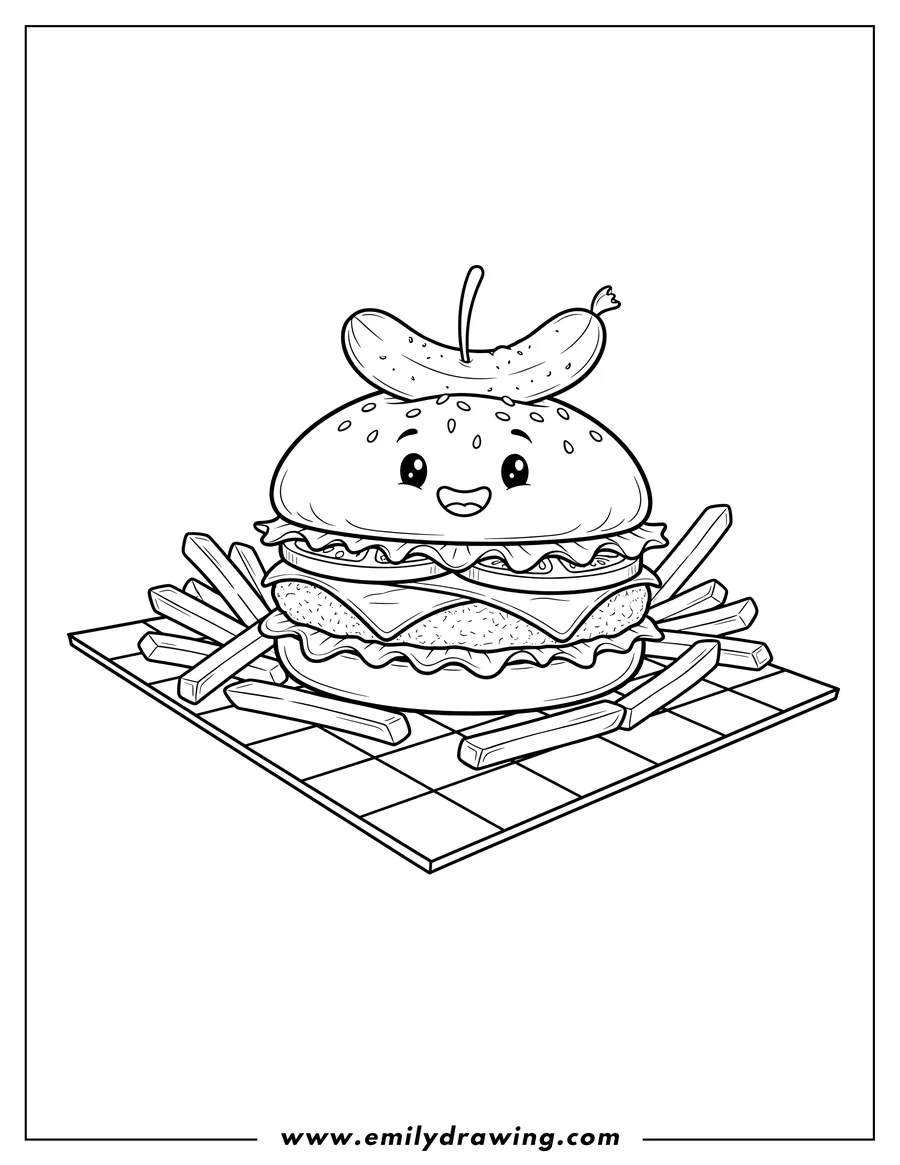 PDF style coloring page: easy Burger with a pickle on top, surrounded by fries, on a checkered paper