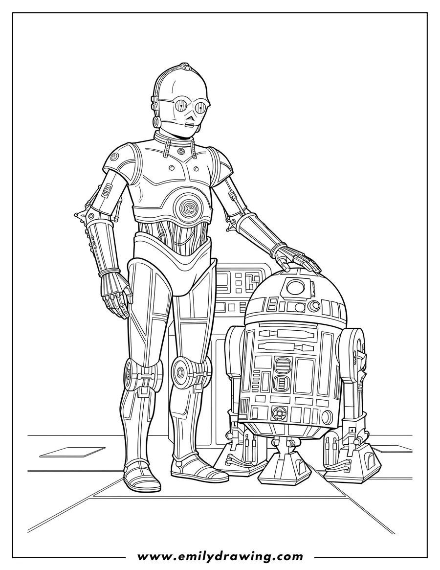 Linear illustration of C 3Po and R2 D2 standing together with C-3PO's hand on R2-D2's head