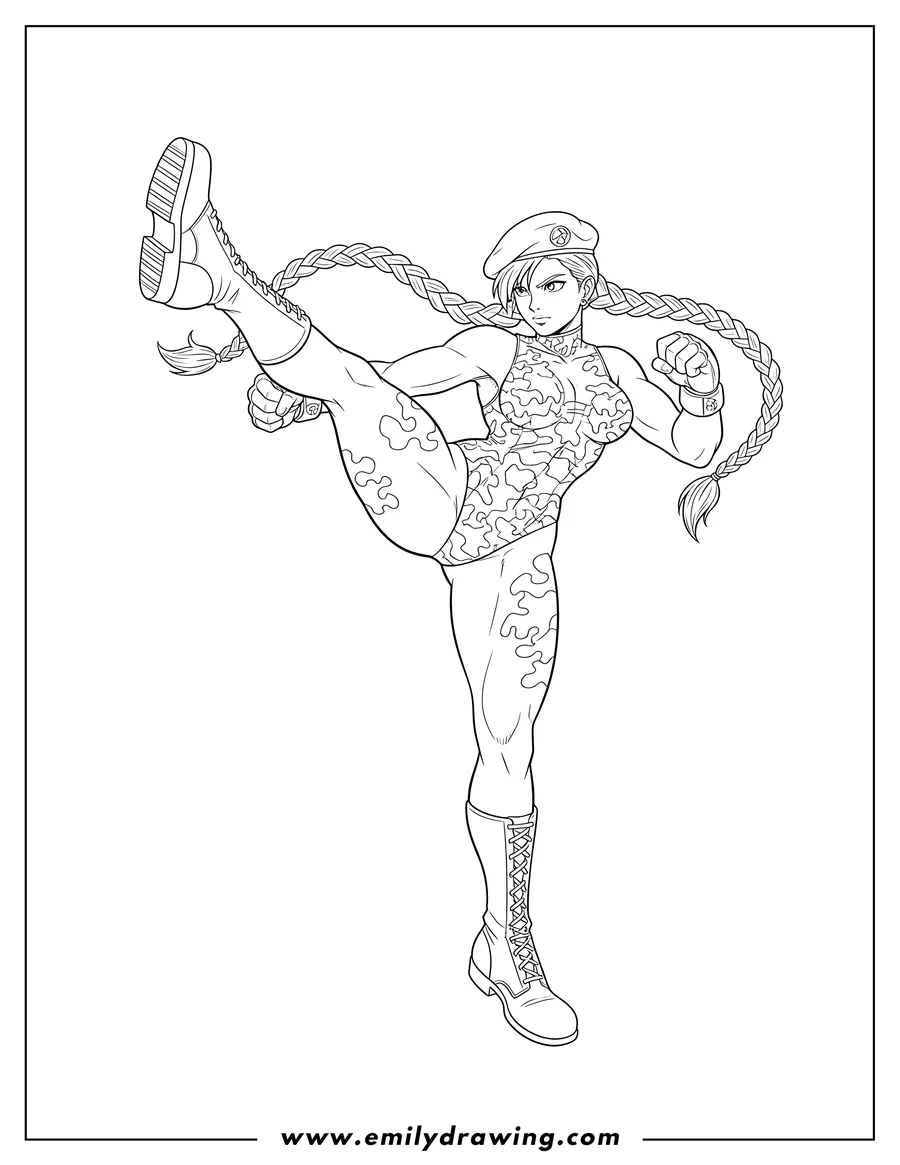 Printable line art of street Fighter Cammy White Battle Pose, wearing a beret, with braided pigtails and a camouflaged leotard
