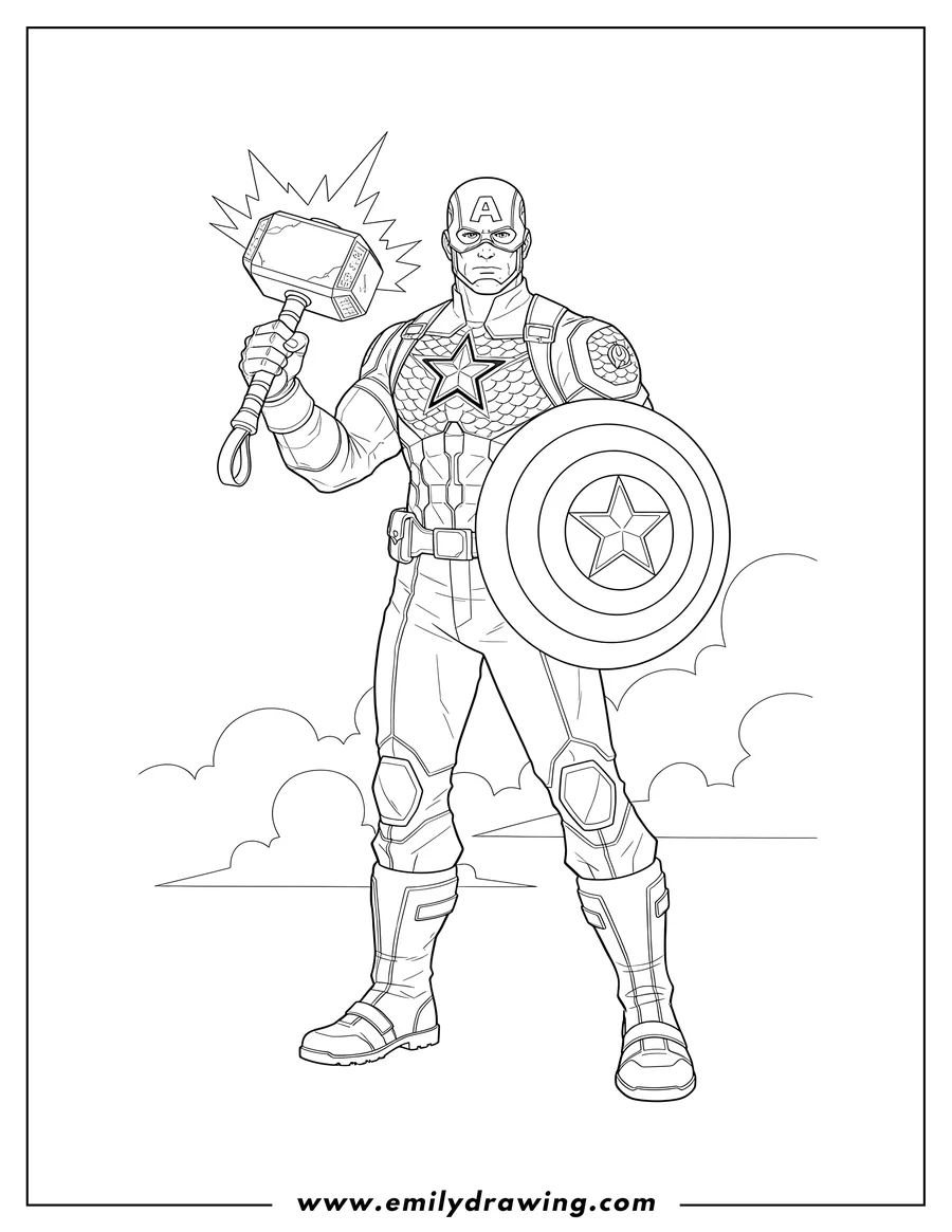 Clean line drawing: captain America Superhero holding Mjolnir and shield