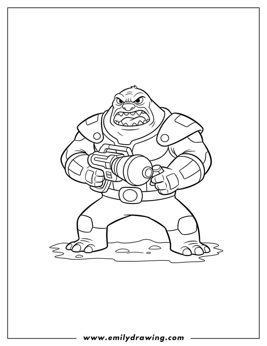 Downloadable coloring page of easy Captain Gantu Outline, holding a ray gun and standing aggressively