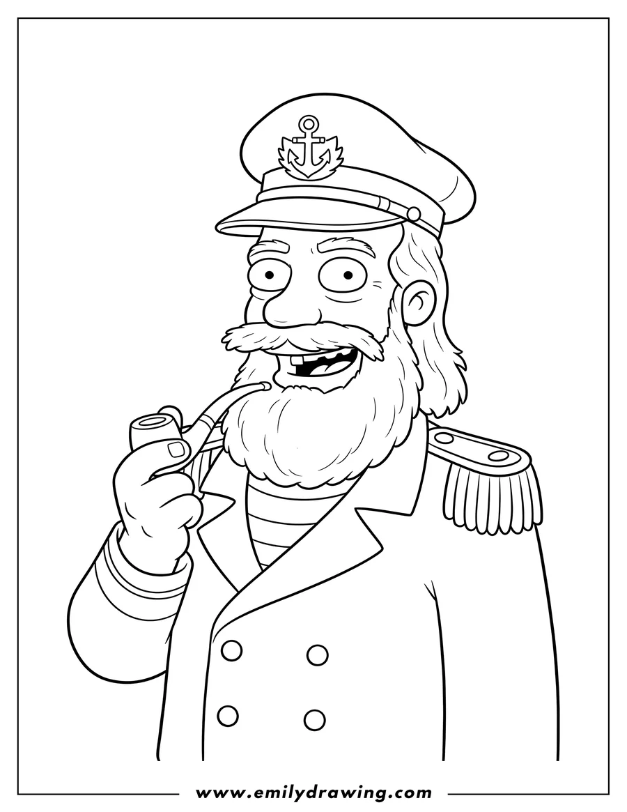 Coloring page of easy Grinning Captain Mccallister holding a pipe and wearing a captain's hat