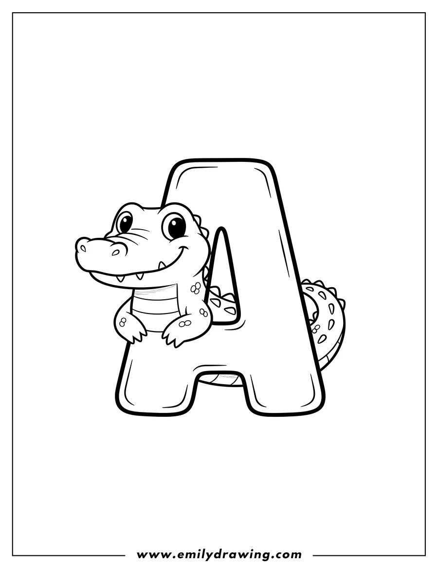 Full page coloring image of cartoon Alligator inside capital letter A