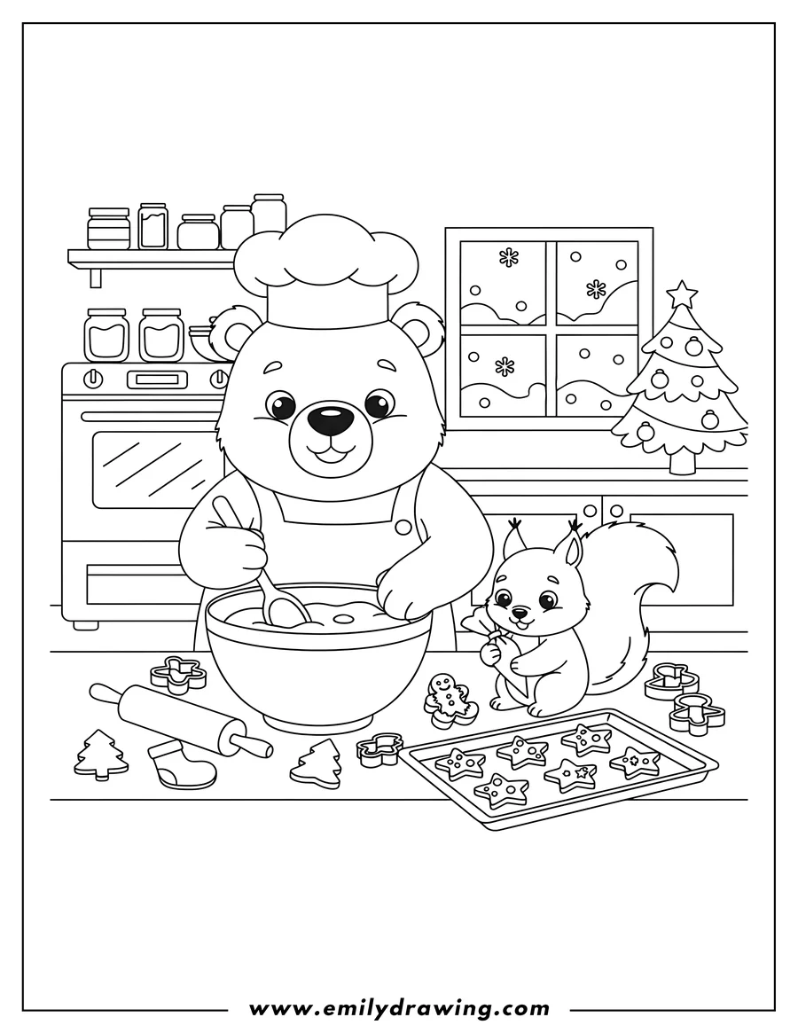 Downloadable coloring page of cartoon Animals Baking Christmas Cookies, with a bear stirring batter and a squirrel decorating star-shaped cookies