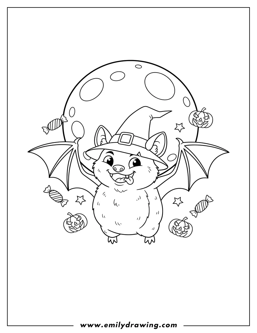 Coloring page of cartoon Bat Wearing Witch Hat Flying With Wings Spread, Sticking Tongue Out, With Full Moon, Candies, Stars, And Jack O Lanterns