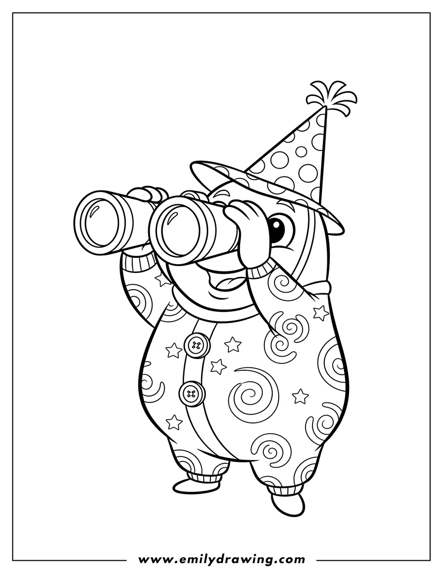 Outline drawing of cartoon Bj wearing a hat and holding binoculars to his eyes