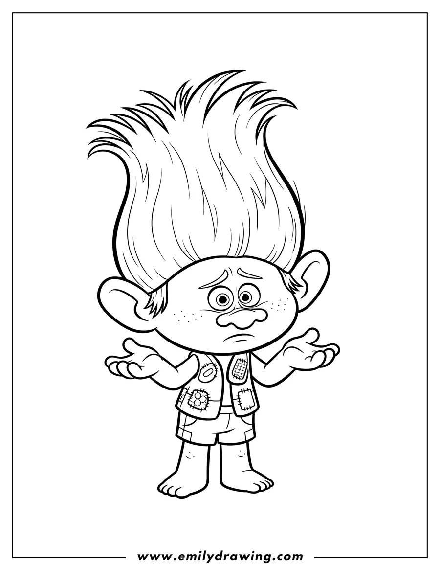 Downloadable coloring page of cartoon Branch Troll with a puzzled expression and gesturing hands