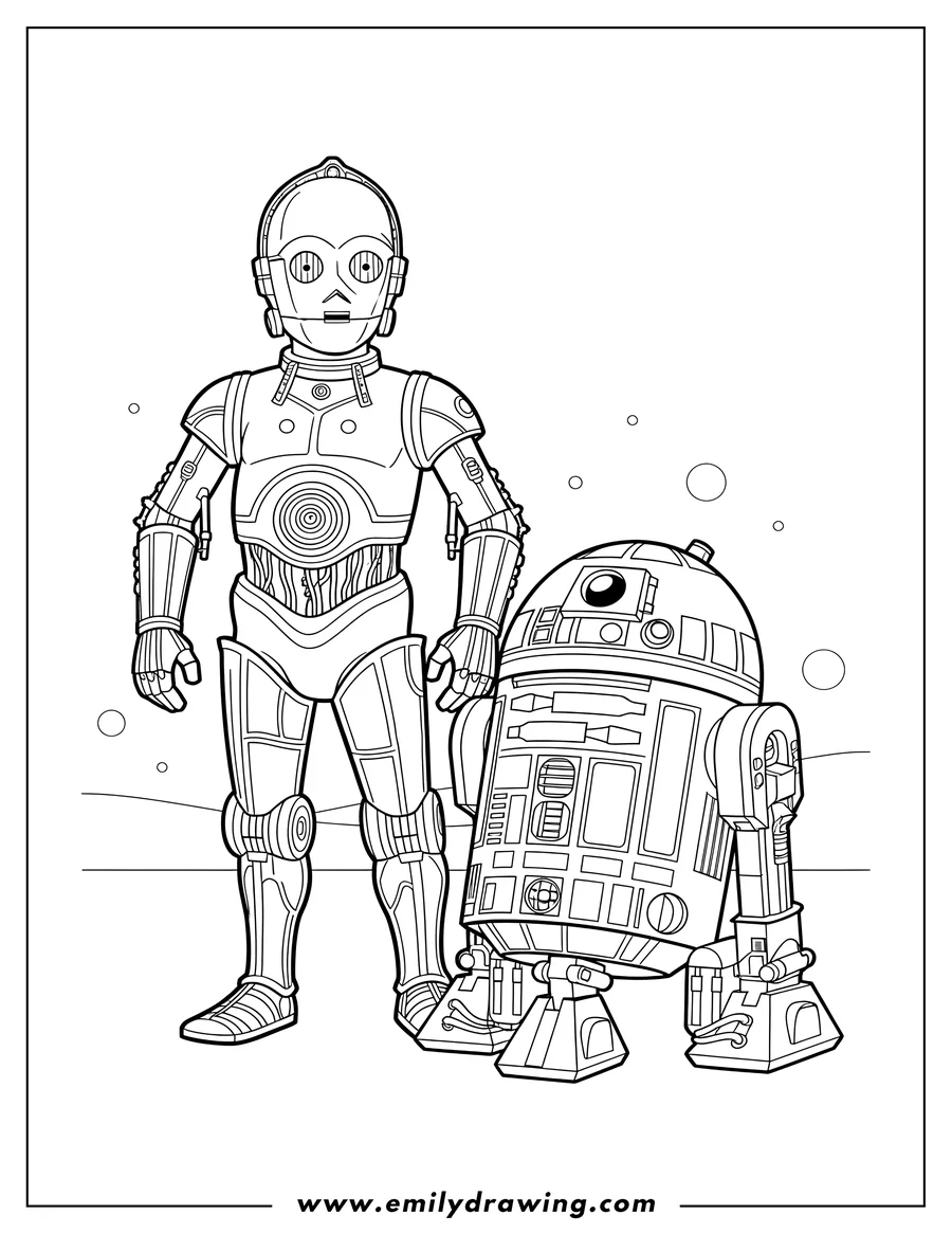Coloring page for kids: cartoon C3Po and R2D2 standing side-by-side