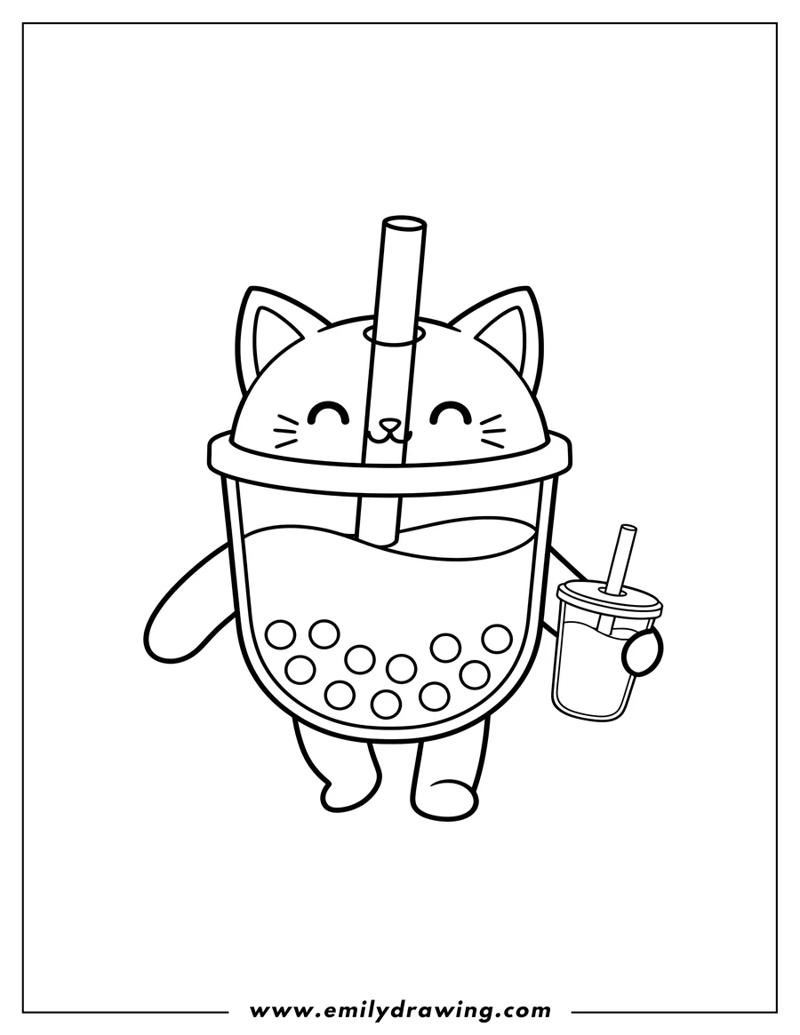 Outline drawing of cartoon Cat Boba Tea Cup walking, with a straw and boba pearls