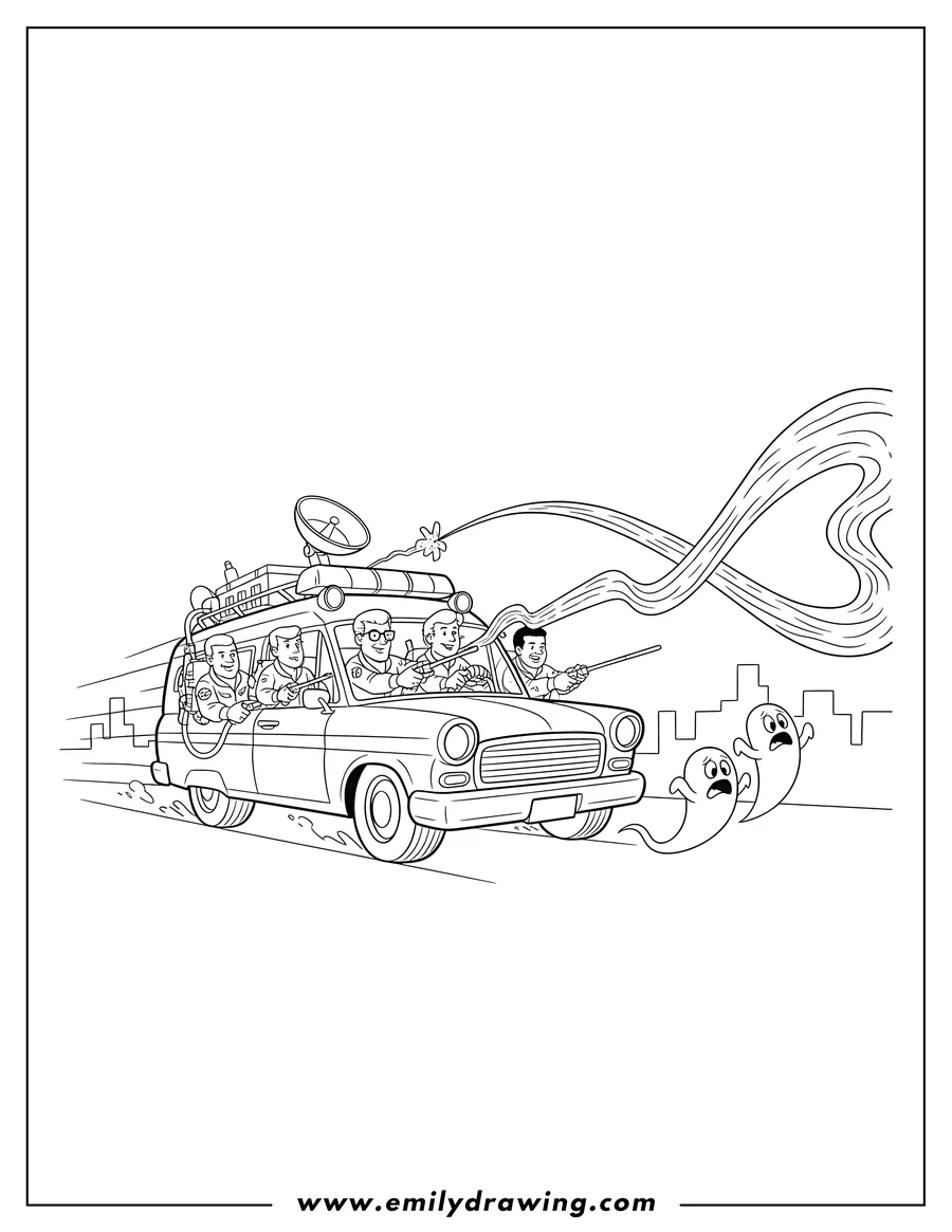 Outline drawing of cartoon Ghostbusters Spenglar Venkman Zeddemore And Stantz Riding Ecto 1, firing proton streams and driving fast