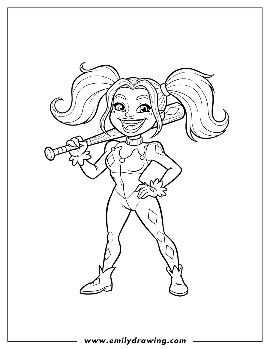 Downloadable coloring page of cartoon Harley Quinn with pigtails holding a baseball bat and smiling