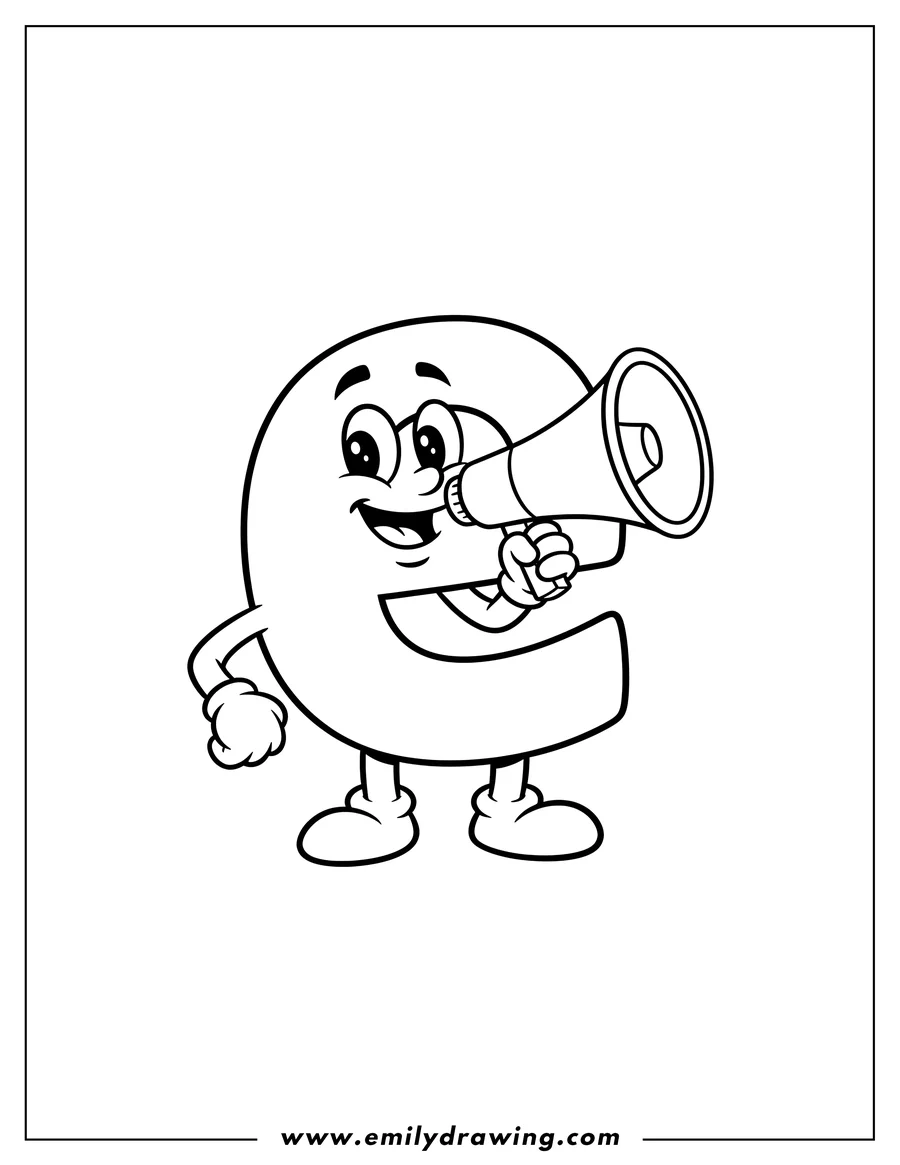 Coloring sheet featuring smiling cartoon lowercase letter E holding a megaphone