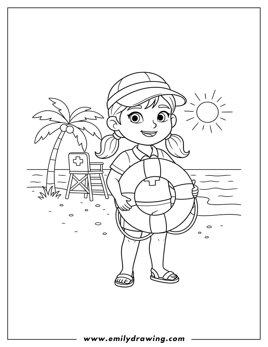 Clean line drawing: cartoon Lifeguard Community Helper: a girl with a rescue buoy
