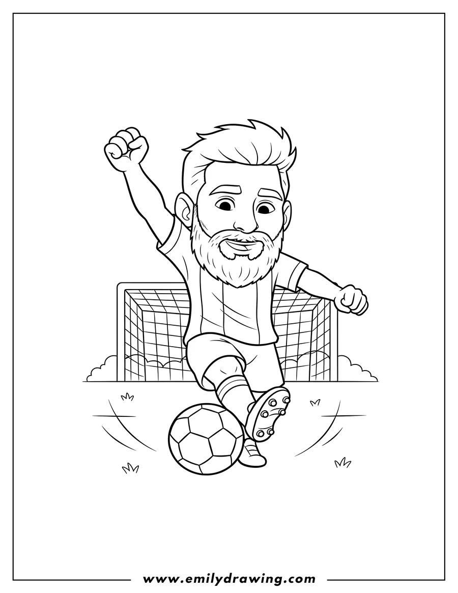 Outline drawing of easy Cartoon Lionel Messi with a beard, kicking a soccer ball and raising a fisted arm