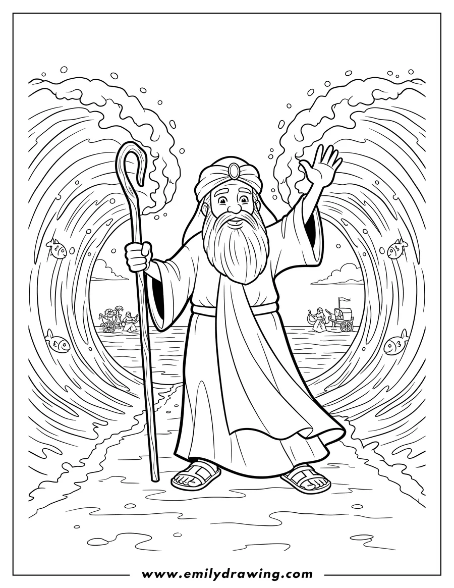 Clean line drawing: cartoon Moses parting the Red Sea with staff and raised arm