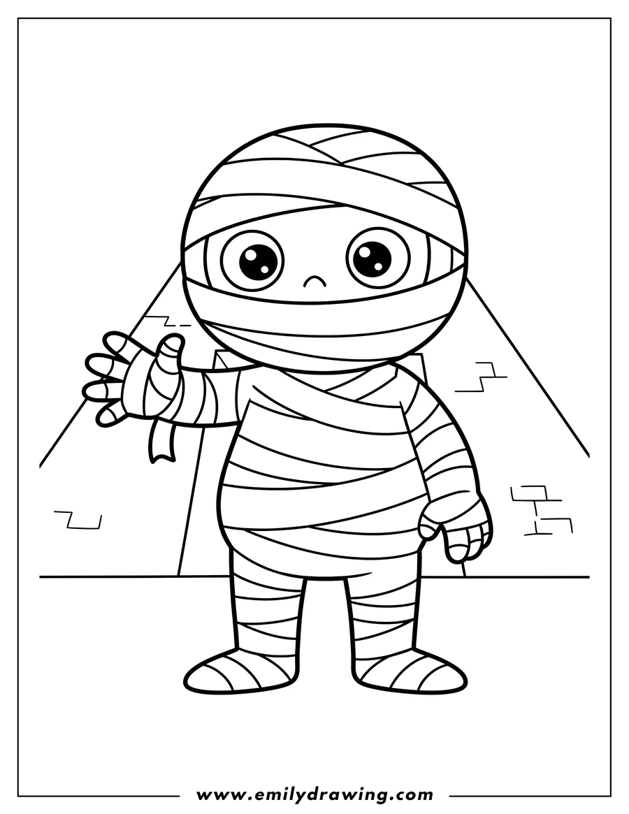 Downloadable coloring page of easy Cartoon Mummy with wide eyes, standing with one arm outstretched