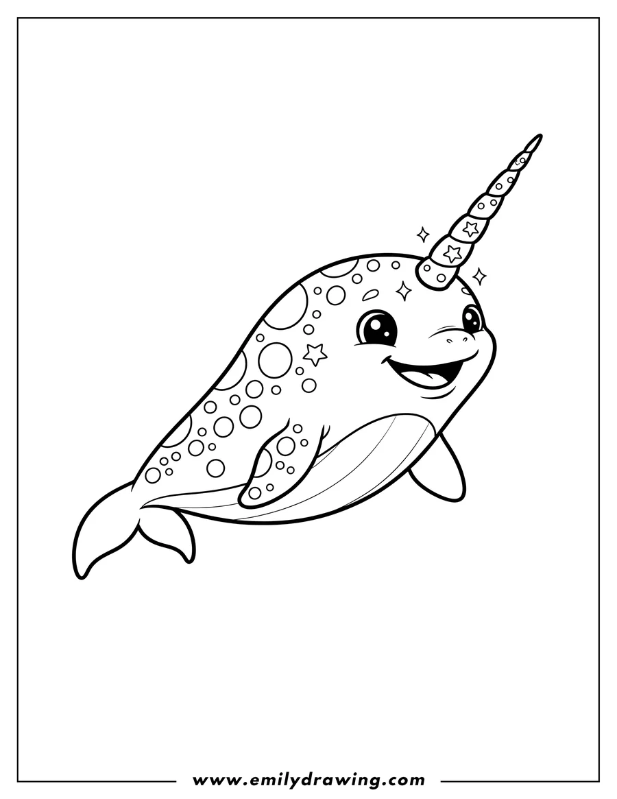 High quality printable easy Cartoon Narwhal Preschoolers, smiling with sparkly eyes and spots for coloring