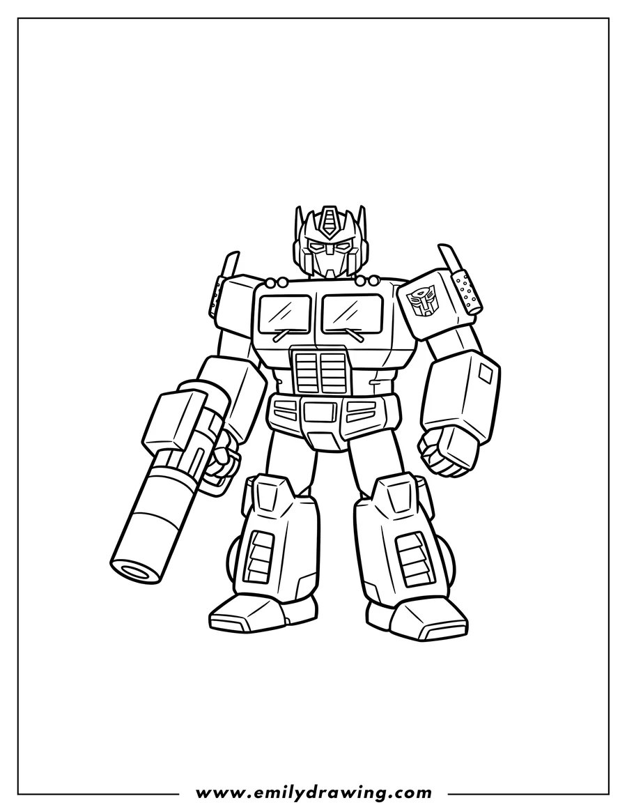 Downloadable coloring page of easy Cartoon Optimus Prime standing, holding Ion Blaster pointing down