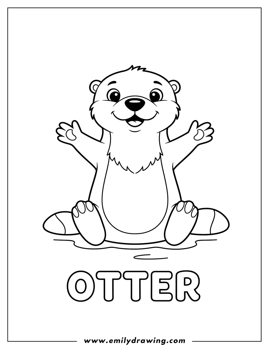 Doodle style coloring picture of easy Cartoon Otter Smiling with 'OTTER' text Preschoolers