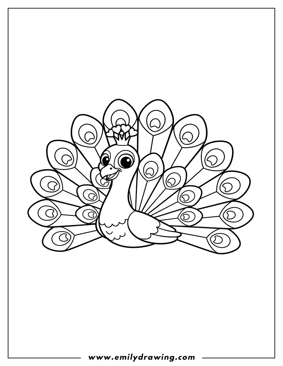 Simple sketch of easy Cartoon Peacock With Big Eyes And Simple Feathers, fanned tail, and smiling to color