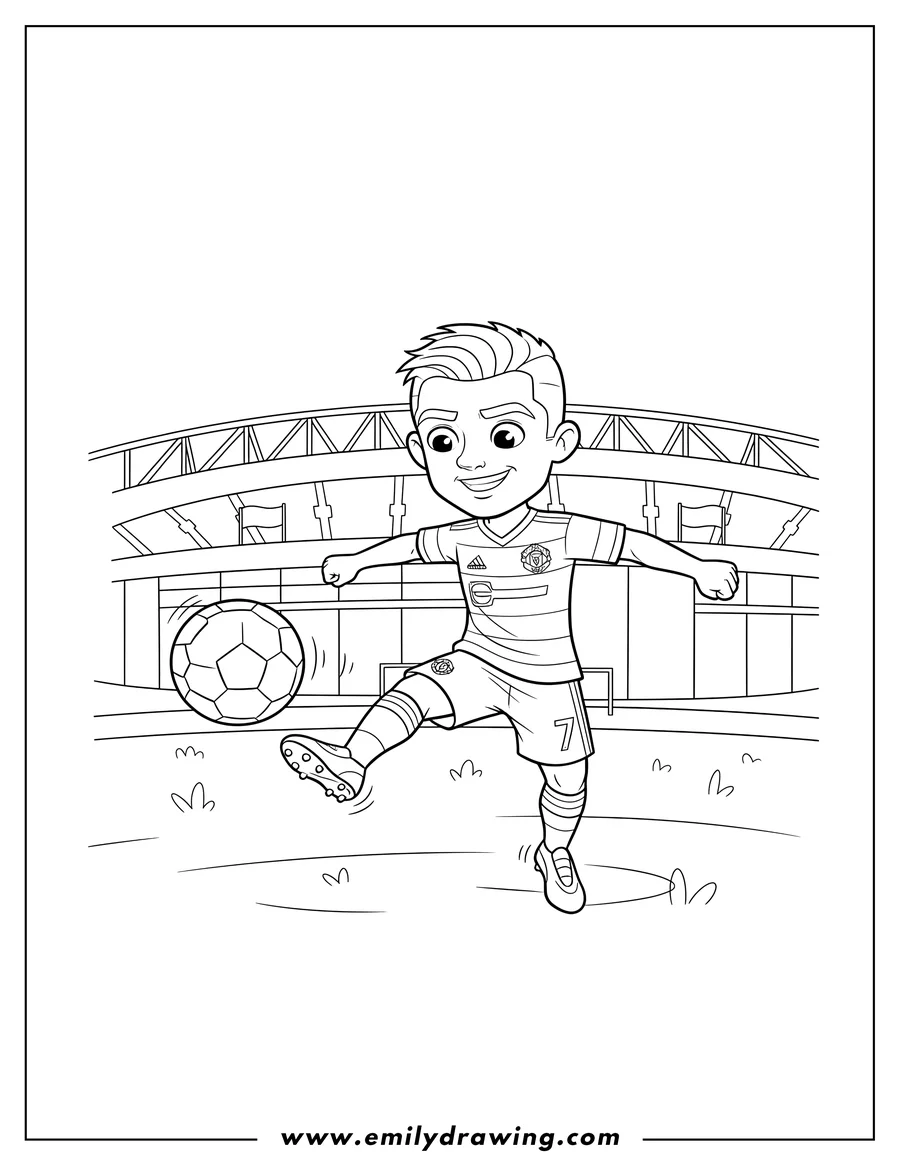 High quality printable ronaldo, in a soccer jersey, kicking a soccer ball in a mid-kick pose, Manchester for coloring
