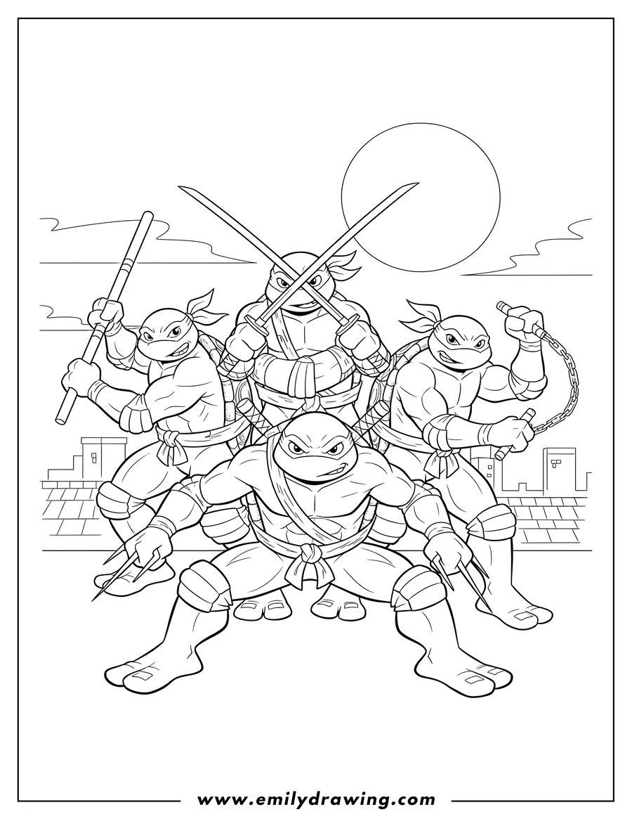 Downloadable coloring page of cartoon Teenage Mutant Ninja Turtles in a dynamic pose with their weapons
