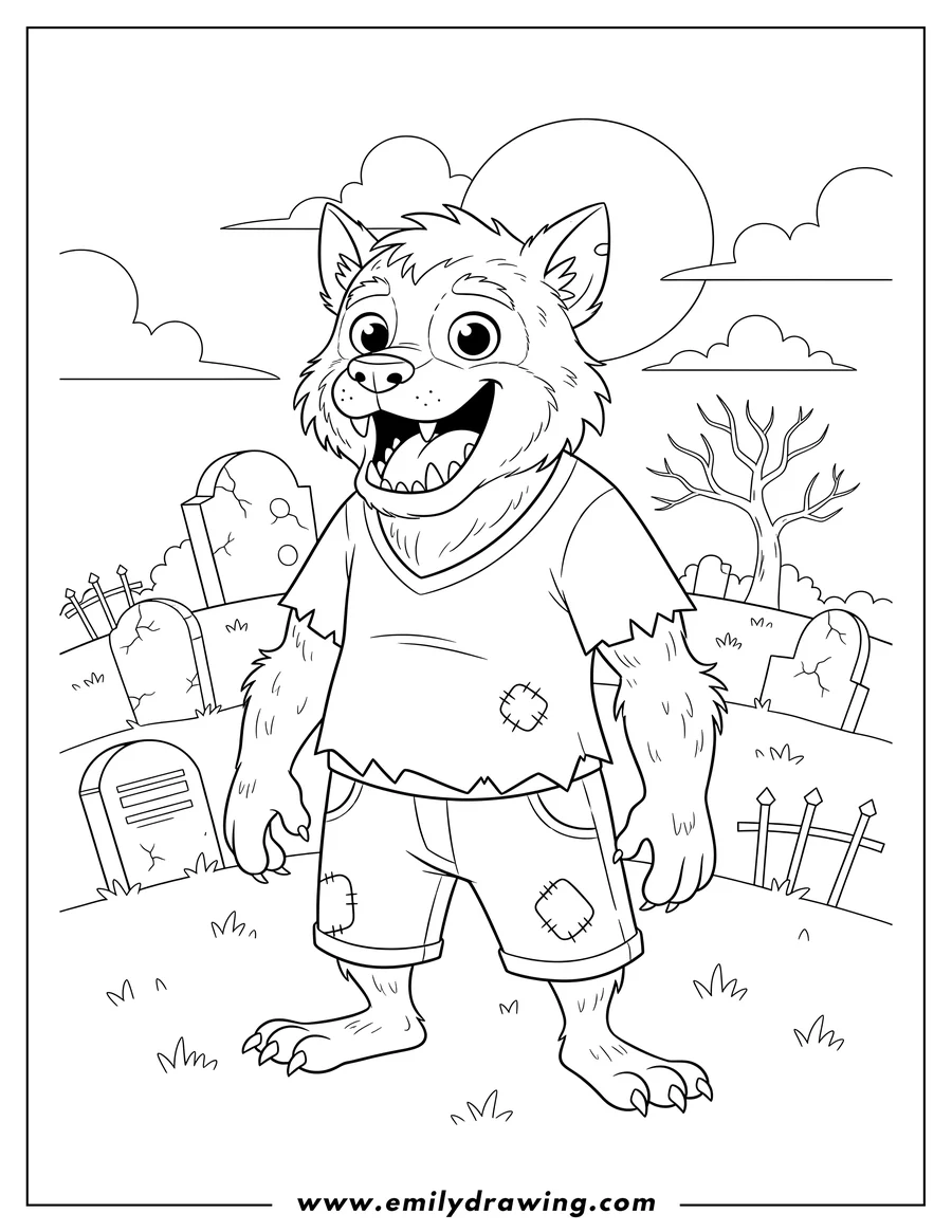 Printable coloring page of cartoon Werewolf with open mouth and teeth wearing a t-shirt and shorts in a Graveyard