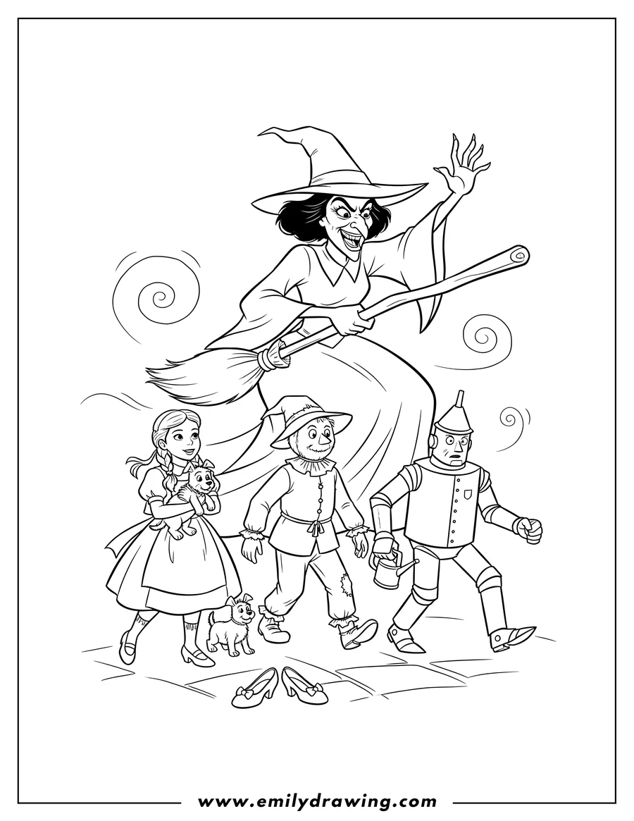 Full page coloring image of cartoon Wizard Oz Witch menacingly waving her broom, Dorothy, Scarecrow, Tin Man, and Toto walking, with ruby slippers on the ground