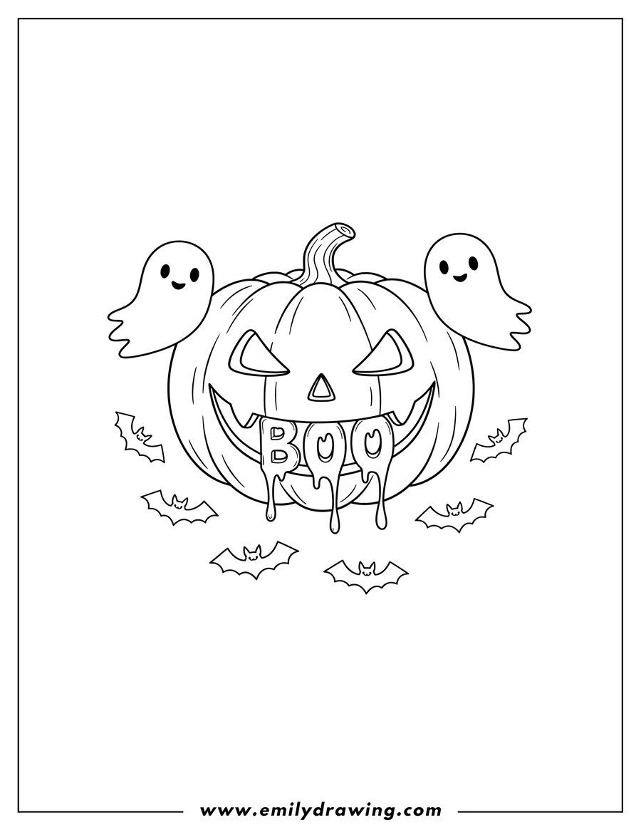 Simple sketch of carved Jack O Lantern with dripping 'BOO!', floating ghosts, and bats to color