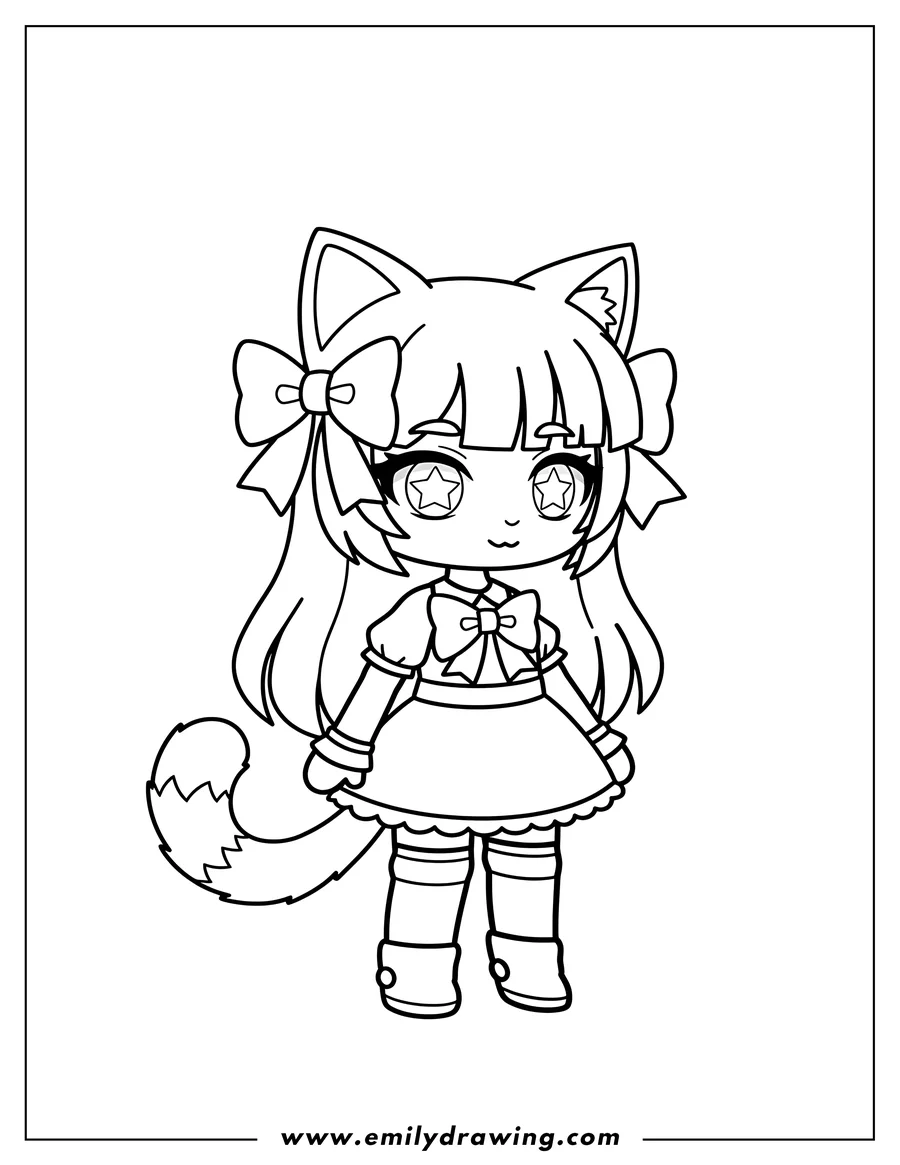 Free to print drawing of easy Gacha Life Cat Girl standing with starry eyes