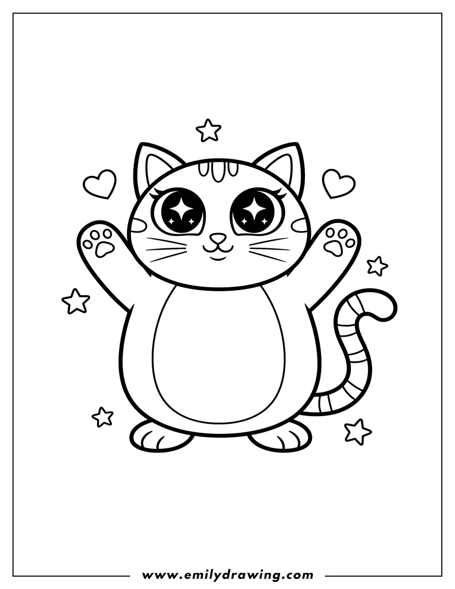 Clean line drawing: simple Cat With Sparkling Eyes and Raised Paws Preschoolers