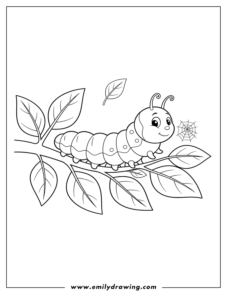PDF style coloring page: caterpillar with an arched body walking down a leafy branch