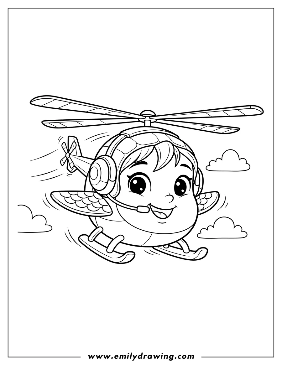 Free printable coloring sheet of cathy Copter Scaled flying with a friendly face and headset
