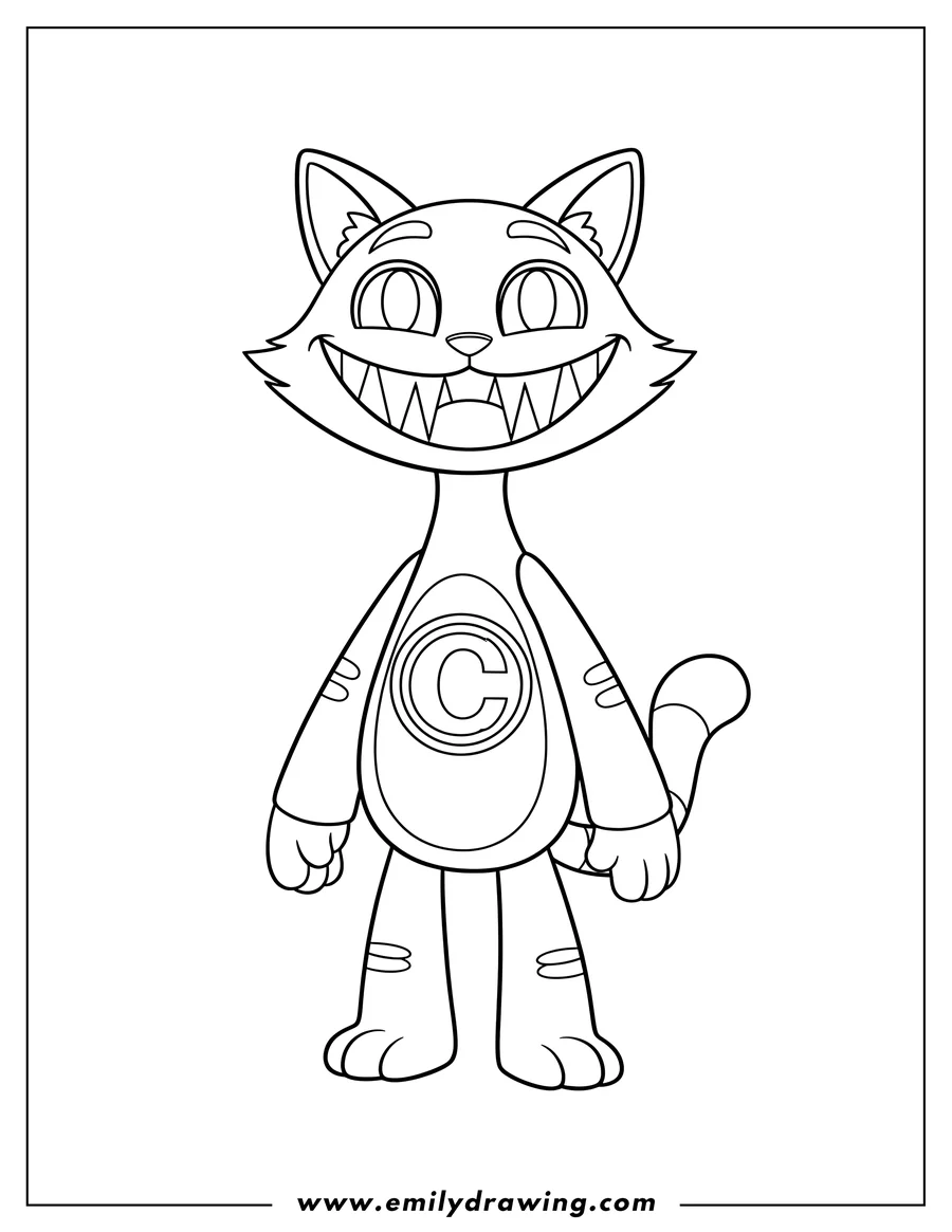 High quality printable catnip From Poppy Playtime with a big smile and a letter C on its chest for coloring