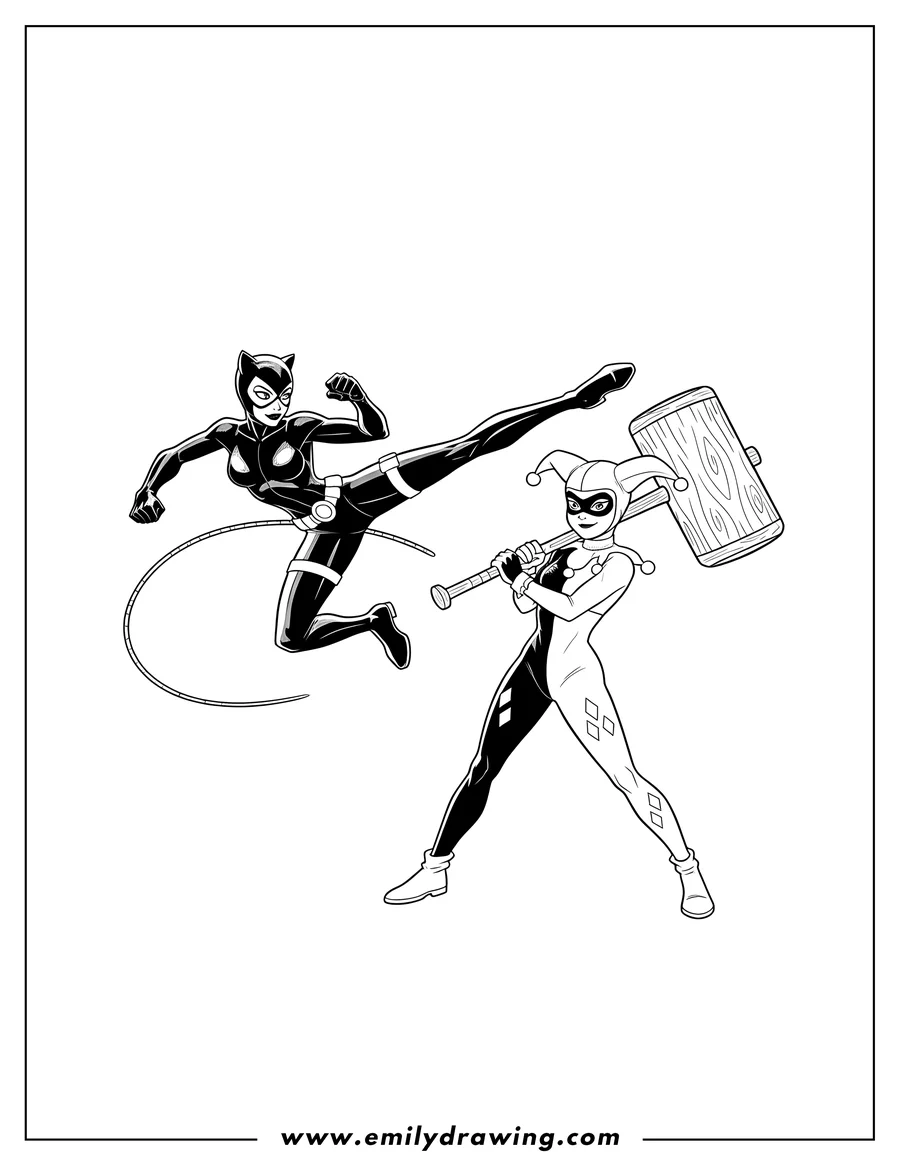 Free to print drawing of comic Book Catwoman kicking and Harley Quinn holding a mallet
