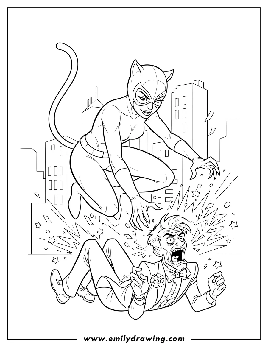 Simple sketch of catwoman pouncing on a screaming Joker to color
