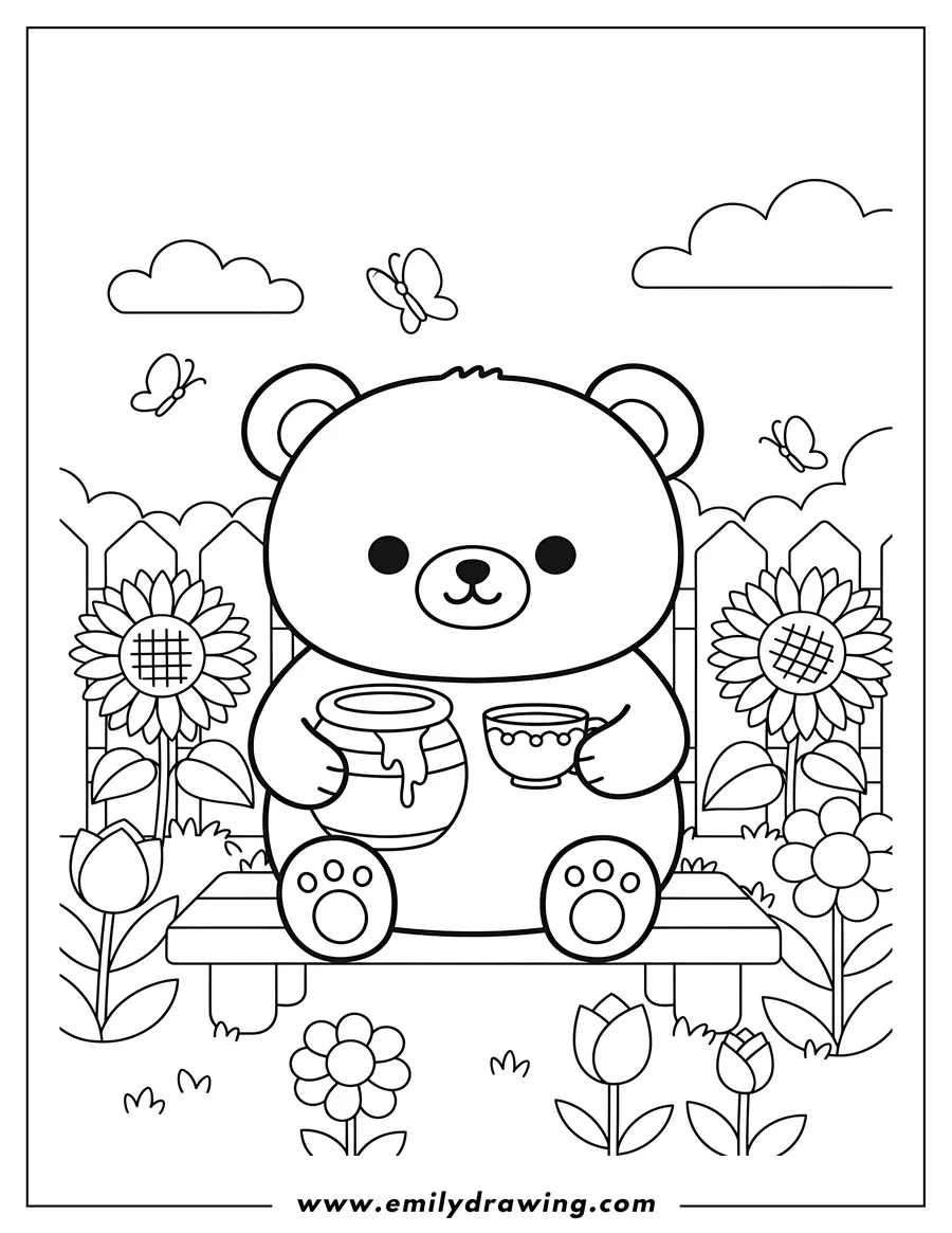 Coloring page for kids: easy Chairoikoguma sitting with a honey pot and teacup, having tea in a garden for preschoolers