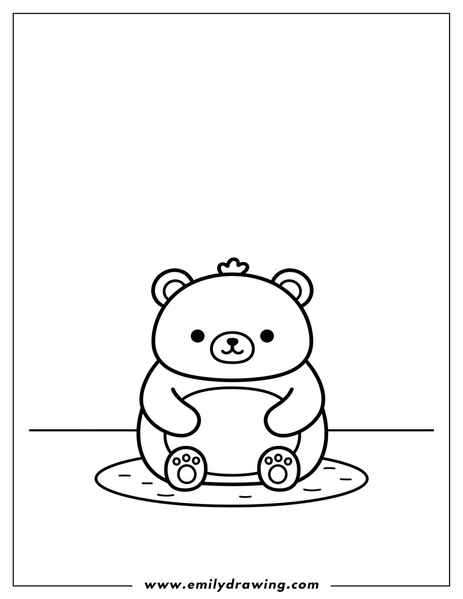 Downloadable coloring page of easy Chairoikoguma sitting on the floor, facing forward with paws on belly, outline for preschoolers