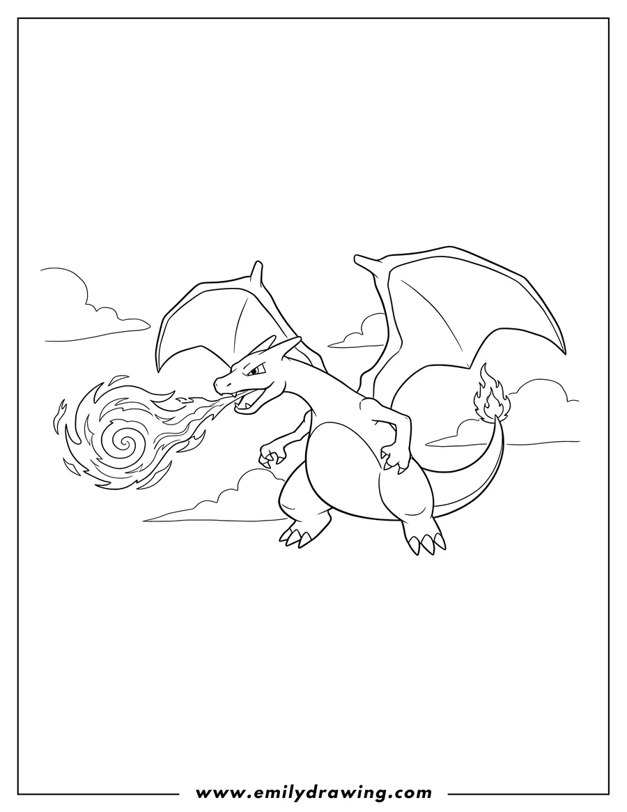 Outline drawing of easy Charizard Outline breathing fire with a flaming tail