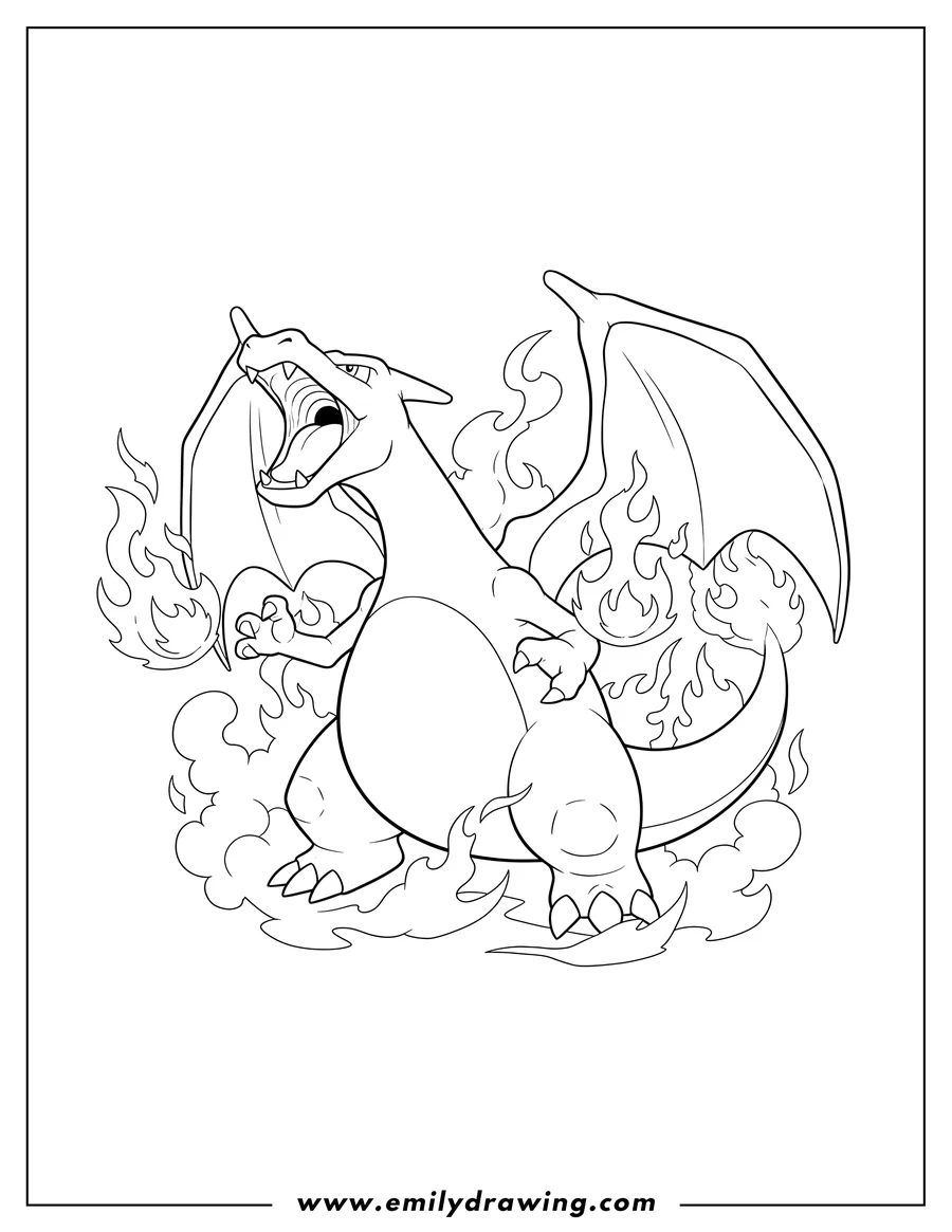 PDF style coloring page: charizard roaring with spread wings, surrounded by fire