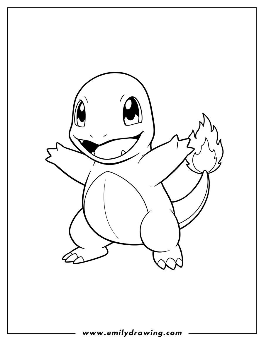 Vector style outline of easy Charmander Grinning with a flame on its tail