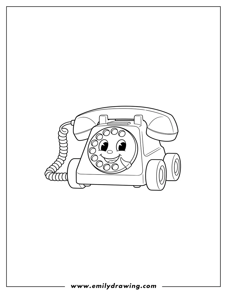 Full page coloring image of chatter Telephone with a smiling face and wheels