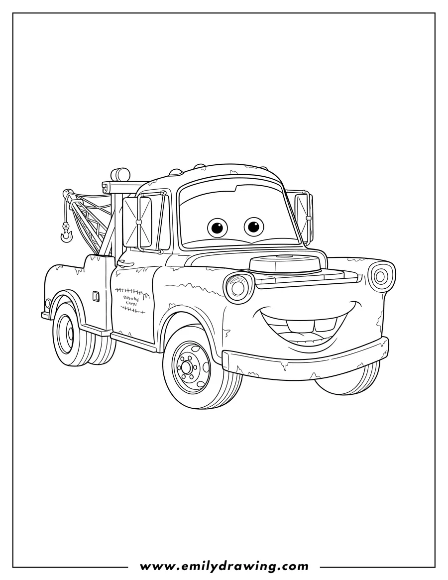Full page coloring image of cheerful Mater the tow truck smiling widely