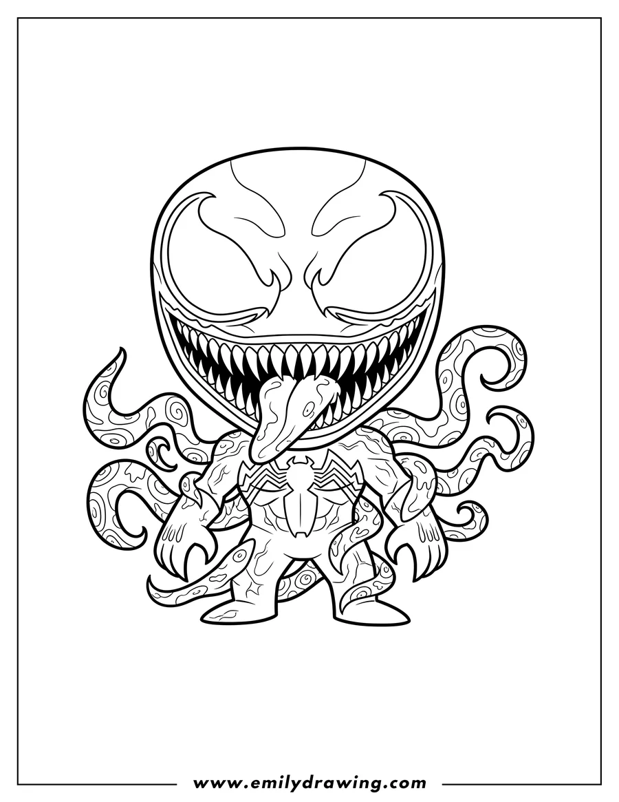 PDF style coloring page: easy Chibi Carnage standing with a wide grin and gooey tendrils