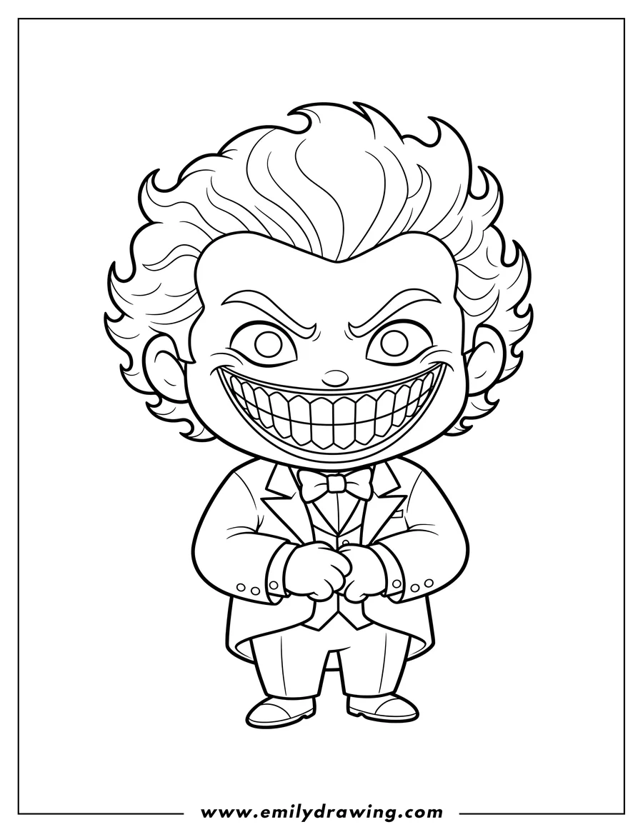 Simple sketch of easy Chibi Joker with curly hair, wearing a suit, and a wide toothy grin for preschoolers to color
